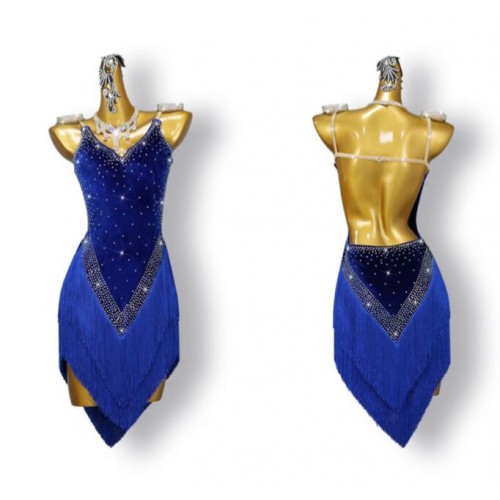 Women girls kids royal blue velvet fringe latin dance dresses with gemstones bling latin ballroom stage performance costumes for female girls